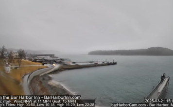 Live webcam view from Bar Harbor Inn showing a serene body of water with a wooden pier extending into it.